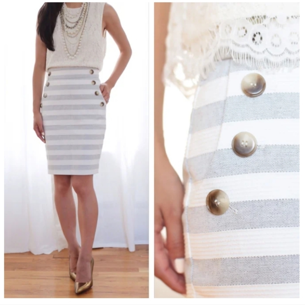 Ann Taylor LOFT Gray and White Sailor Striped Cotton Pencil Skirt